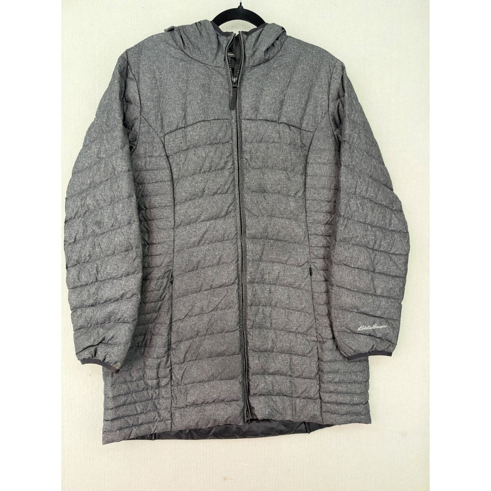 Eddie Bauer Women XL Long Down Puffer Coat Gray Hooded Full Zip Parka